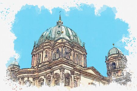 A watercolor sketch or illustration of the Berlin Cathedral called Berliner Dom. Berlin, Germany. City architecture.の写真素材