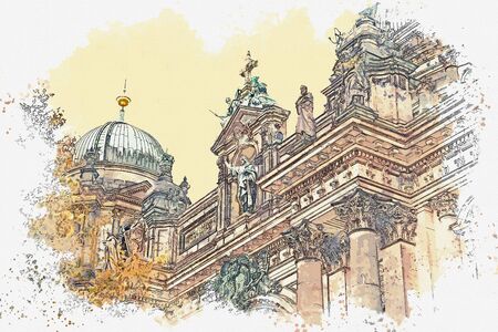 A watercolor sketch or illustration of the Berlin Cathedral called Berliner Dom. Berlin, Germany. City architecture.の写真素材