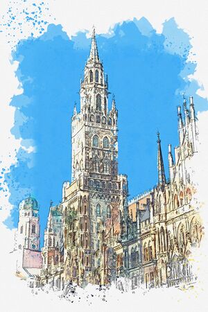 Watercolor sketch or illustration of traditional old architecture or building on Munichs Marienplatzの写真素材