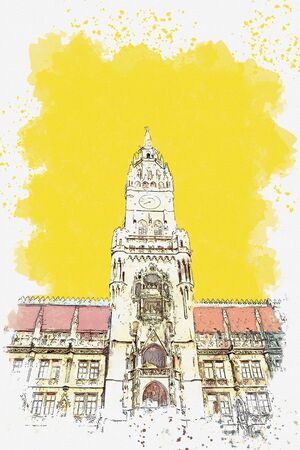 Watercolor sketch or illustration of traditional old architecture or building on Munichs Marienplatzの写真素材