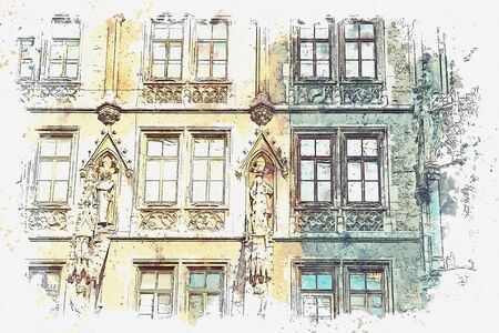 Watercolor sketch or illustration of traditional old architecture or building on Munichs Marienplatzの写真素材