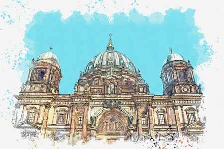 A watercolor sketch or illustration of the Berlin Cathedral called Berliner Dom. Berlin, Germany. City architecture.の写真素材