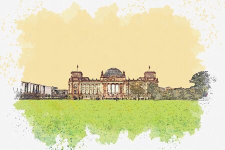 Watercolor sketch or illustration of a beautiful view of the Reichstag building. One of the attractions of Berlin in Germany and a favorite place to visit tourists.の写真素材