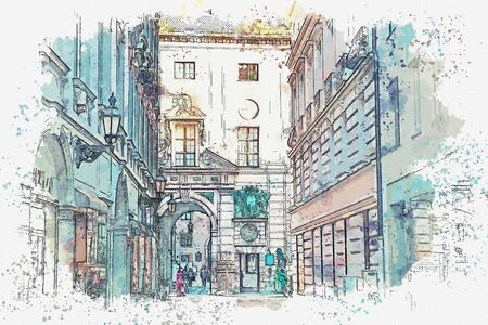 Watercolor sketch or illustration of a traditional street in Munich in Germany.の写真素材