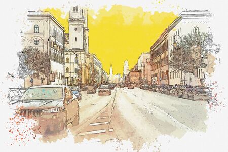 Watercolor sketch or illustration of a traditional street in Munich in Germany. Cars ride on the road or on the streetの写真素材