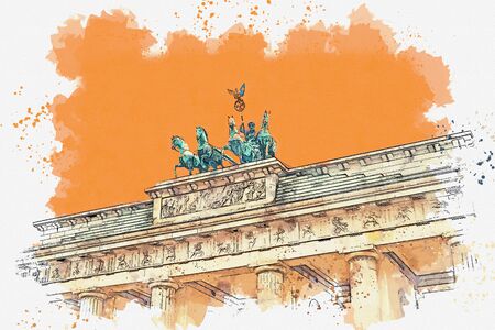Watercolor sketch or illustration of a beautiful view of the Brandenburg gate in Berlin in Germany.の写真素材