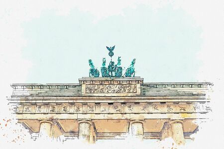 Watercolor sketch or illustration of a beautiful view of the Brandenburg gate in Berlin in Germany.の写真素材