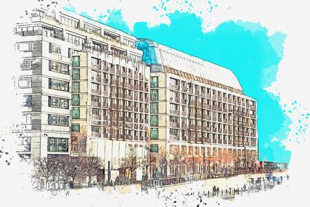 Watercolor sketch or illustration of a beautiful view of an ordinary modern apartment building in Berlin in Germanyの写真素材