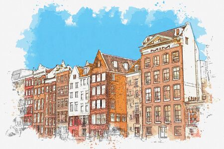 Watercolor sketch or illustration of traditional architecture in Amsterdam in the Netherlandsの写真素材