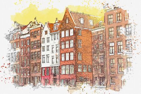 Watercolor sketch or illustration of traditional architecture in Amsterdam in the Netherlandsの写真素材