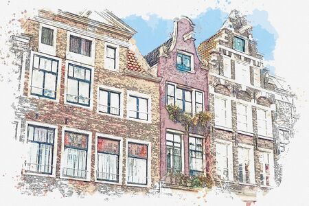 Watercolor sketch or illustration of traditional architecture in Amsterdam in the Netherlandsの写真素材