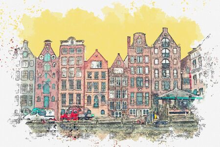 Watercolor sketch or illustration of traditional architecture in Amsterdam in the Netherlandsの写真素材