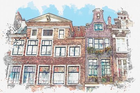 Watercolor sketch or illustration of traditional architecture in Amsterdam in the Netherlandsの写真素材