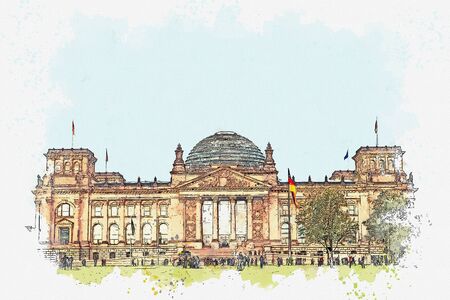 Watercolor sketch or illustration of a beautiful view of the Reichstag building. One of the attractions of Berlin in Germany and a favorite place to visit tourists.の写真素材