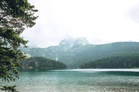 Beautiful view of the lake - Black Lake, forest and mountain landscape in Montenegro.の写真素材