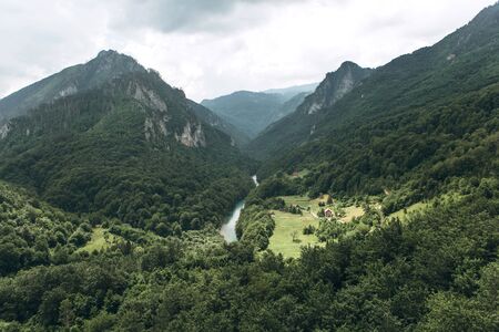 Beautiful view of the natural landscape in the canyon of the Tara River in Montenegro. View of the mountains and the forest and the river.の写真素材
