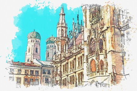 Watercolor sketch or illustration of traditional old architecture or building on Munichs Marienplatzの写真素材