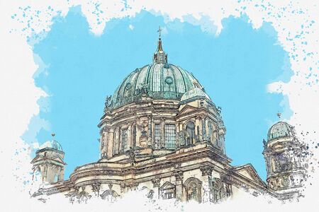 A watercolor sketch or illustration of the Berlin Cathedral called Berliner Dom. Berlin, Germany. City architecture.の写真素材