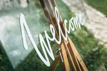 Close-up welcome sign - Welcome to a festive event or at the entrance.の写真素材