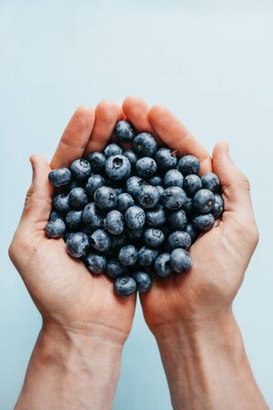 Closeup man holds blueberries in hands on a blue background. Source of vitamins and diet food or berries.の写真素材