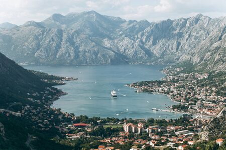 Beautiful view of the Bay of Kotor in Montenegro. Aerial view of the mountains, the sea and the city of Kotorの写真素材