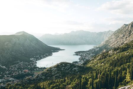 Beautiful view of the Bay of Kotor in Montenegro. Aerial view of the mountains, the sea and the city of Kotorの写真素材