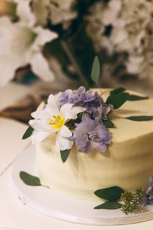 Close-up of a cake decorated with vibrant, white and blue flowers.の写真素材