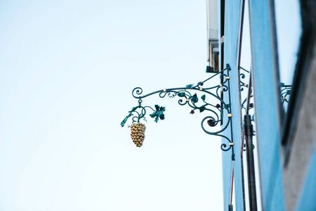 Decoration in the form of a golden twig of grapes on the facade of a blue building.の写真素材