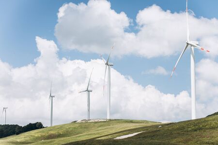 View of the natural landscape and windmills in Montenegro. Eco-friendly energy or alternative energy sources.の写真素材