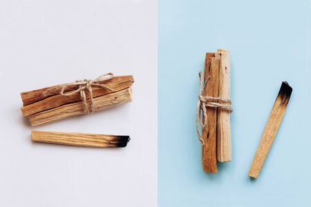 Palo Santo sticks on a white and blue background. They are used in aromatherapy and religious rites and meditations.の写真素材