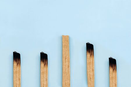 Palo Santo sticks on a blue background. They are used in aromatherapy and religious rites and meditations.の写真素材