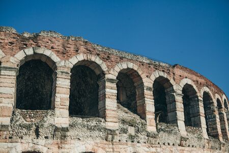 Closeup part of the wall of the ancient Roman Colosseum or Arena in Verona in Italy.の写真素材