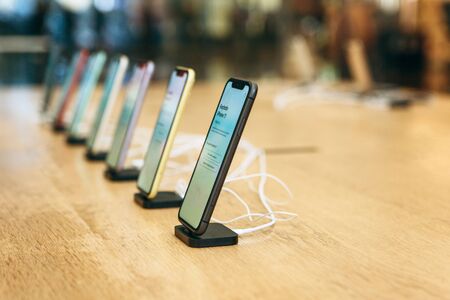 Turkey, Istanbul, December 17, 2019: Lots of the latest modern iPhones 11 in a row at the Apple Store.のeditorial素材