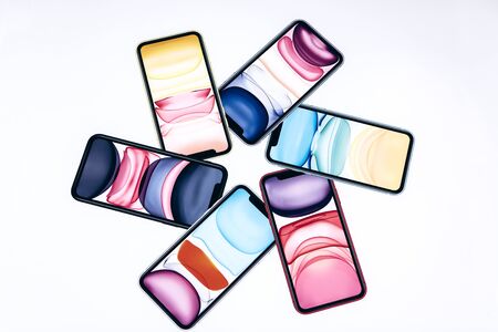 Turkey, Istanbul, December 17, 2019: Photo of the image of the new iPhone 11 series phones in the Apple store.のeditorial素材