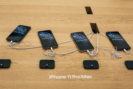 Turkey, Istanbul, December 17, 2019: Lots of the latest modern iPhones 11 pro max in the Apple store.のeditorial素材
