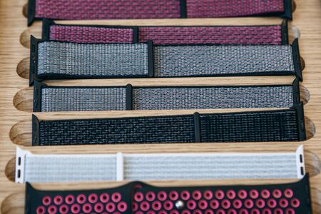 Watchbands in a row. Silicone straps for sports watches. Colored bracelets for smart watches.の写真素材