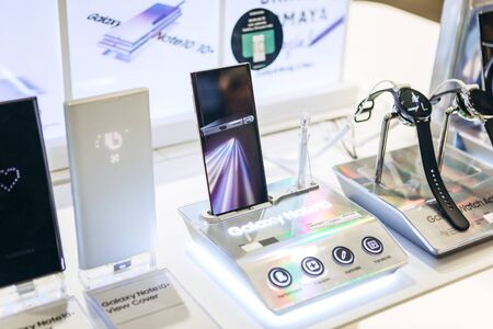 Turkey, Istanbul, December 20, 2019: Sale of the new modern Samsung Galaxy Note 10 plus and other Samsung gadgets in the official store.のeditorial素材