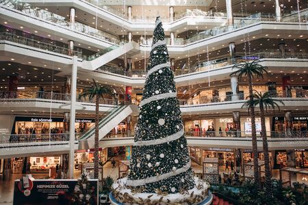 Turkey, Istanbul, December 20, 2019: Beautifully decorated New Year tree in a shopping center in...