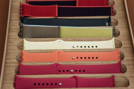 Watchbands in a row. Silicone straps for sports watches. Colored bracelets for smart watches.の写真素材