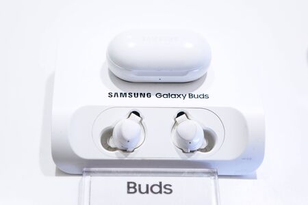 Turkey, Istanbul, December 20, 2019: New modern Samsung Galaxy Buds sale in the official Samsung store.のeditorial素材