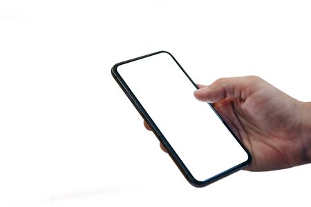 Human hand with modern mock up phone on white background.の写真素材