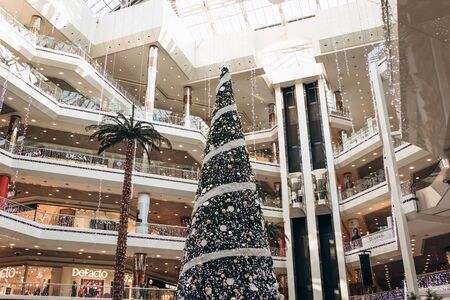 Turkey, Istanbul, December 20, 2019: Beautifully decorated New Year tree in a shopping center in Istanbul.のeditorial素材