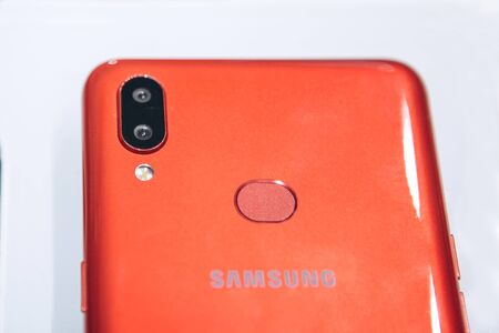 Turkey, Istanbul, December 20, 2019: Close-up of the back cover or rear view of the new modern Samsung smartphone.のeditorial素材