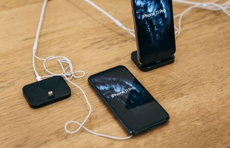 Turkey, Istanbul, December 17, 2019: The latest modern iPhones 11 pro max in the Apple store.のeditorial素材
