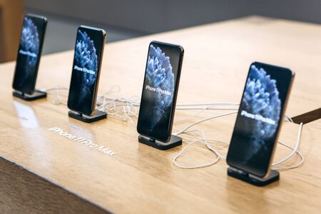 Turkey, Istanbul, December 17, 2019: The latest modern iPhones 11 pro max in a row at the Apple Store.のeditorial素材