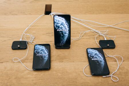 Turkey, Istanbul, December 17, 2019: Lots of the latest modern iPhones 11 pro max in the Apple store.のeditorial素材