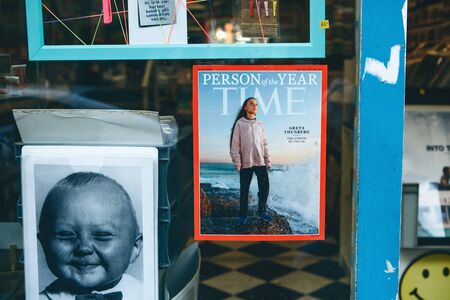 Istanbul, December 29, 2019: Time Magazine with Person of the Year Greta Trumberg in a store window.のeditorial素材