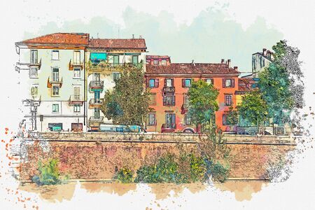 Watercolor sketch of a beautiful view of traditional residential buildings along the river promenade in Verona in Italyの写真素材