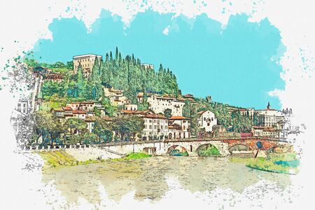 Watercolor sketch of a beautiful view of traditional urban architecture in Verona in Italy.の写真素材