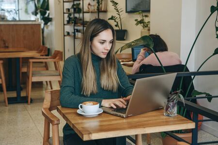 Student girl studying or freelancer working on a laptop in a cafe or coworking.の写真素材